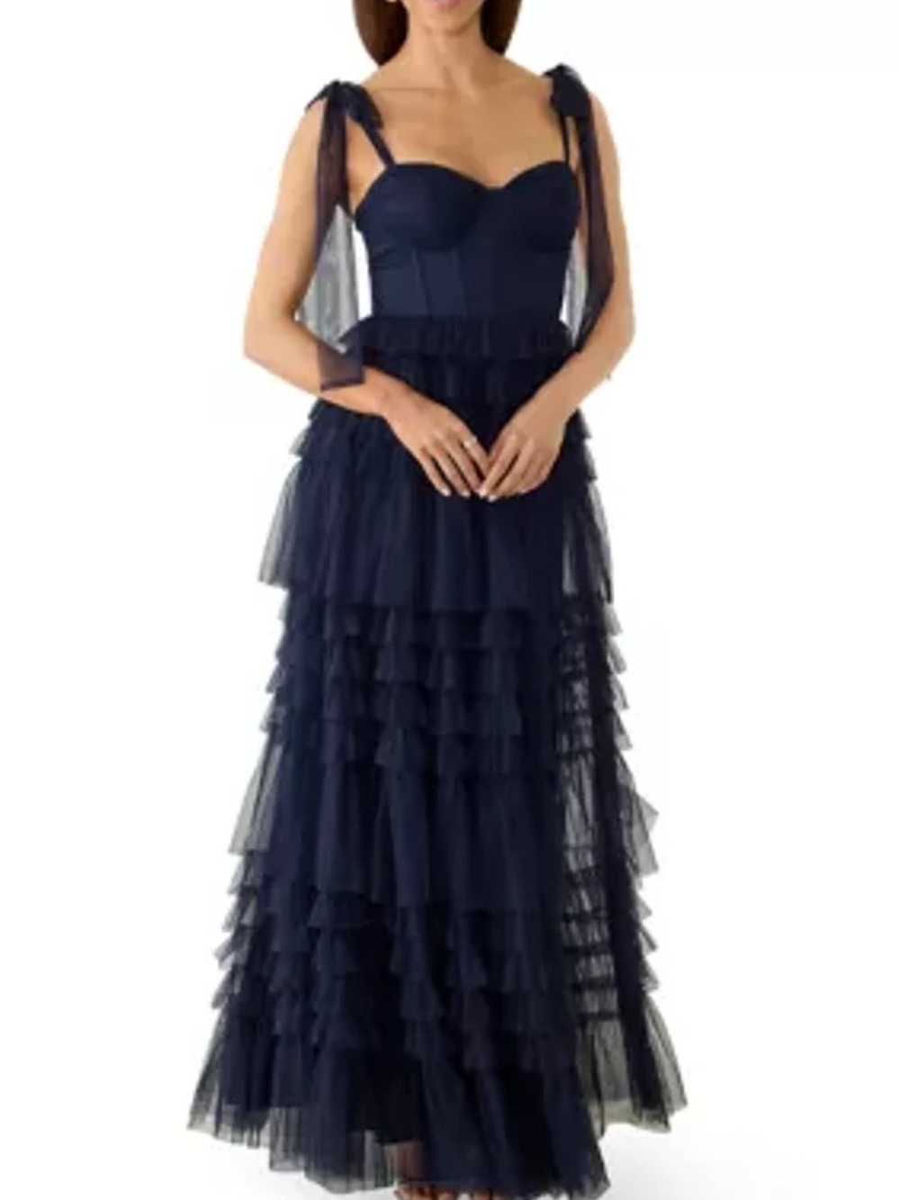 B Darlin Navy Tiered Ruffle Tulle Maxi Dress with Tie Straps